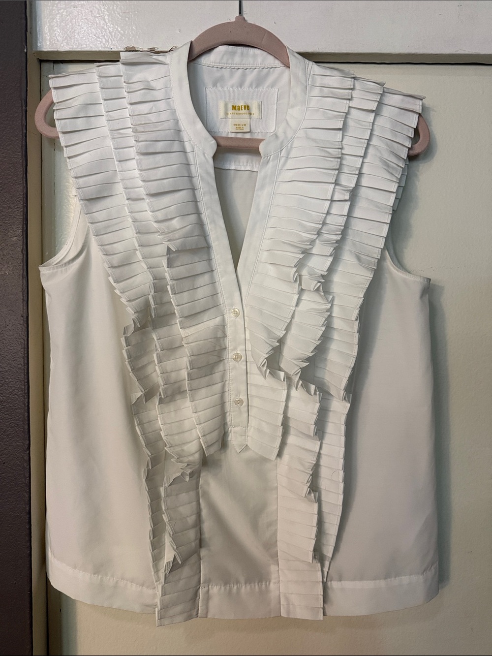 Maeve White Ruffled Pleat Front Sleeveless Blouse